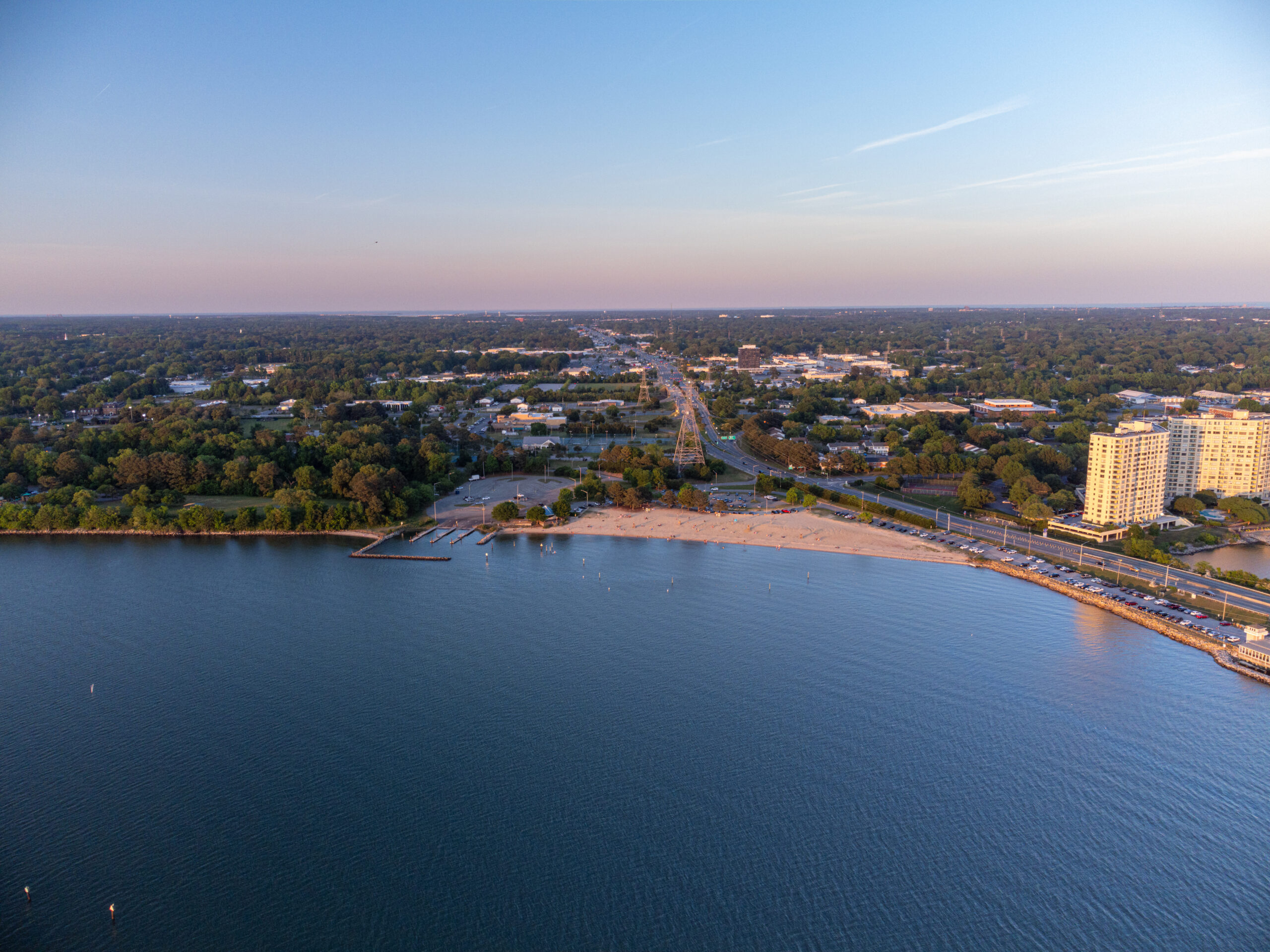 Newport News, Virginia, USA, Aerial photo of Huntington Beach at sunset